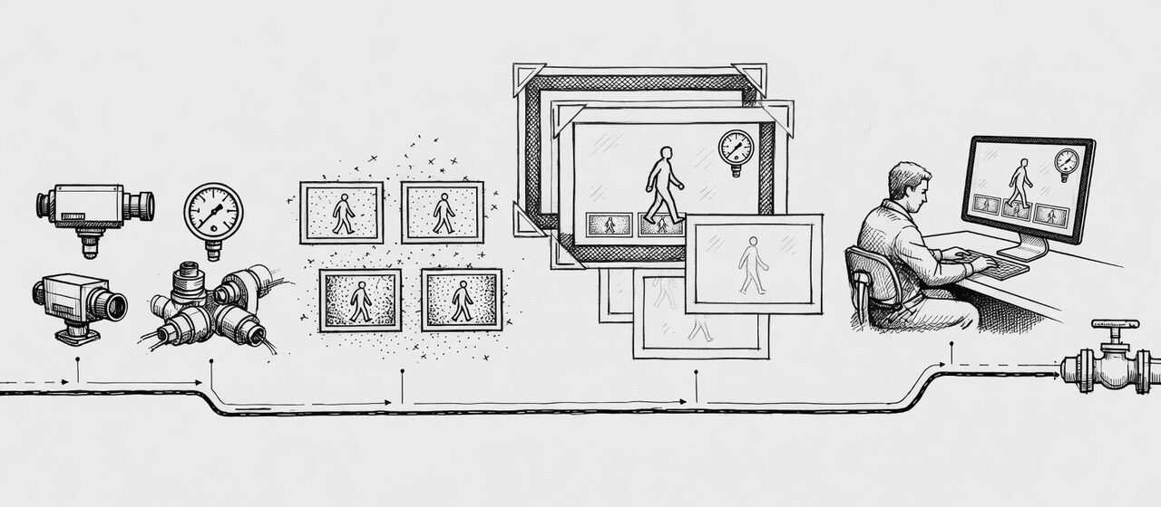 Five-part path from live camera and sensor inputs through realtime understanding and composition to an operator at a flat monitor showing the composed view, and on to a response.
