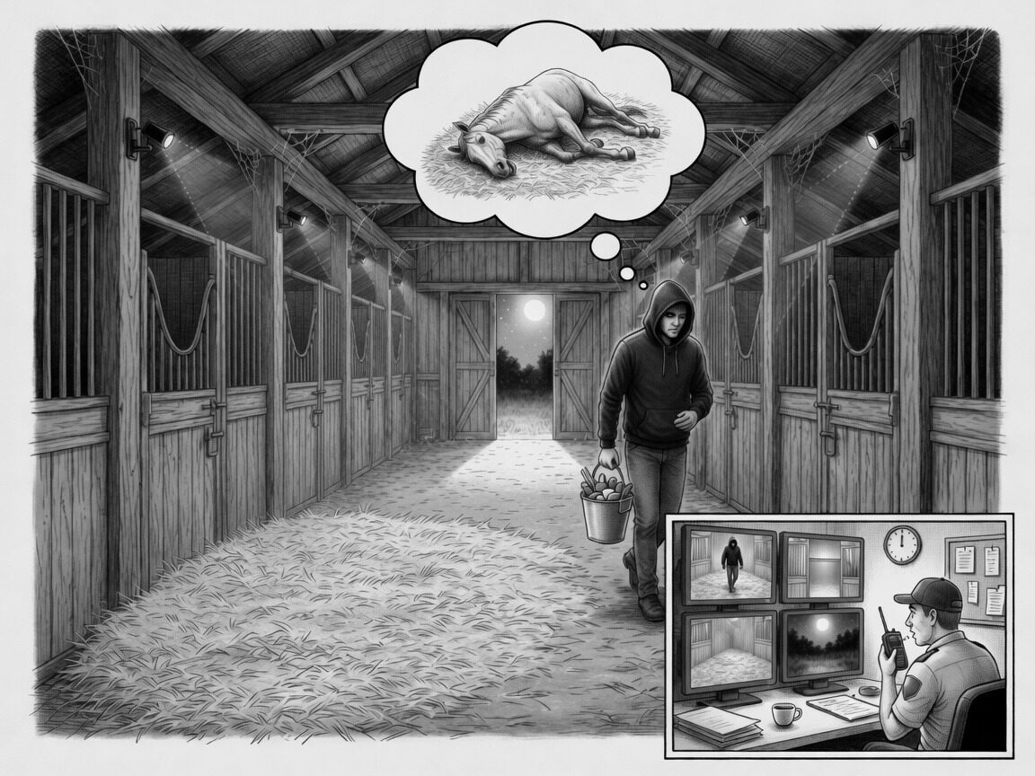Night-time horse barn sketch: a long aisle of stalls under ceiling cameras, empty stalls, a hooded intruder carrying a bucket of treats with a thought bubble showing a horse collapsed in straw, and an inset security office where a guard speaks into a radio.
