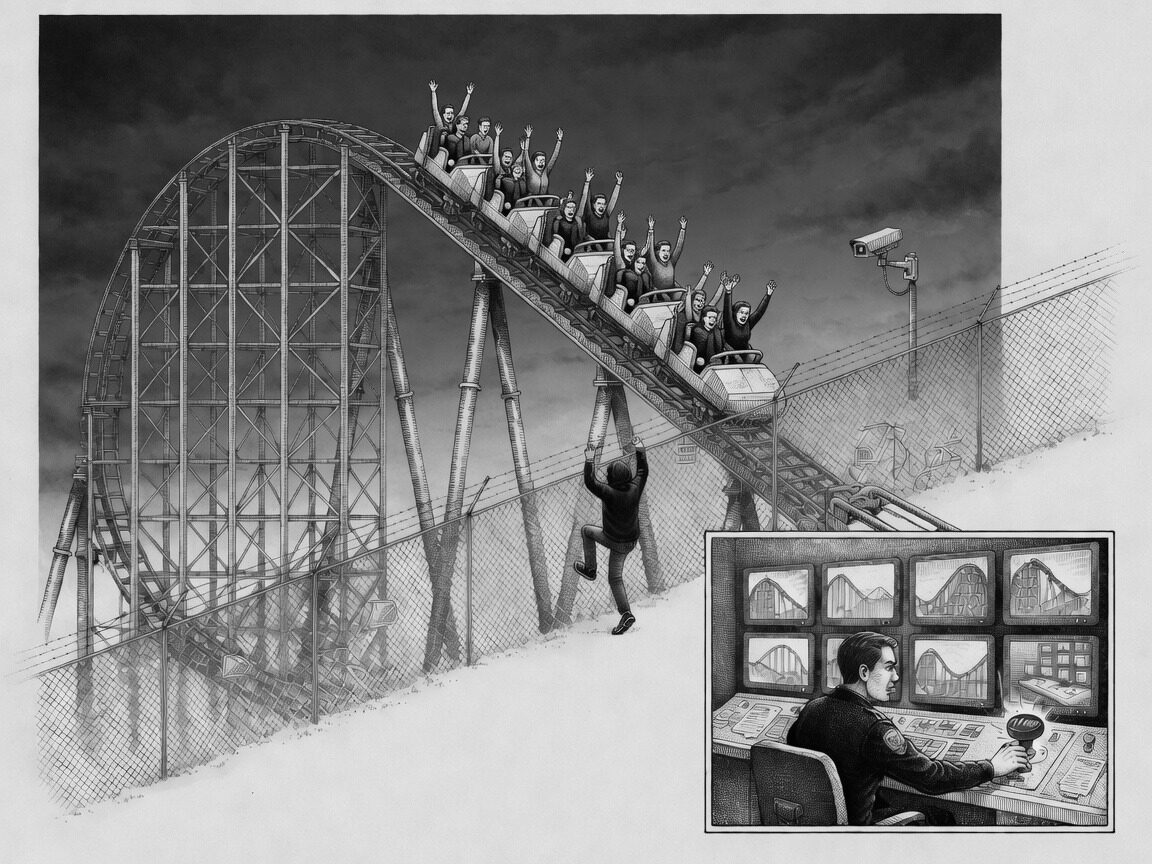 Amusement park sketch: a roller coaster train climbing the lift hill with riders throwing their arms up, a person just starting to climb the perimeter fence below, a camera on a pole watching the fence line, and an inset security room where a guard hits the emergency stop.