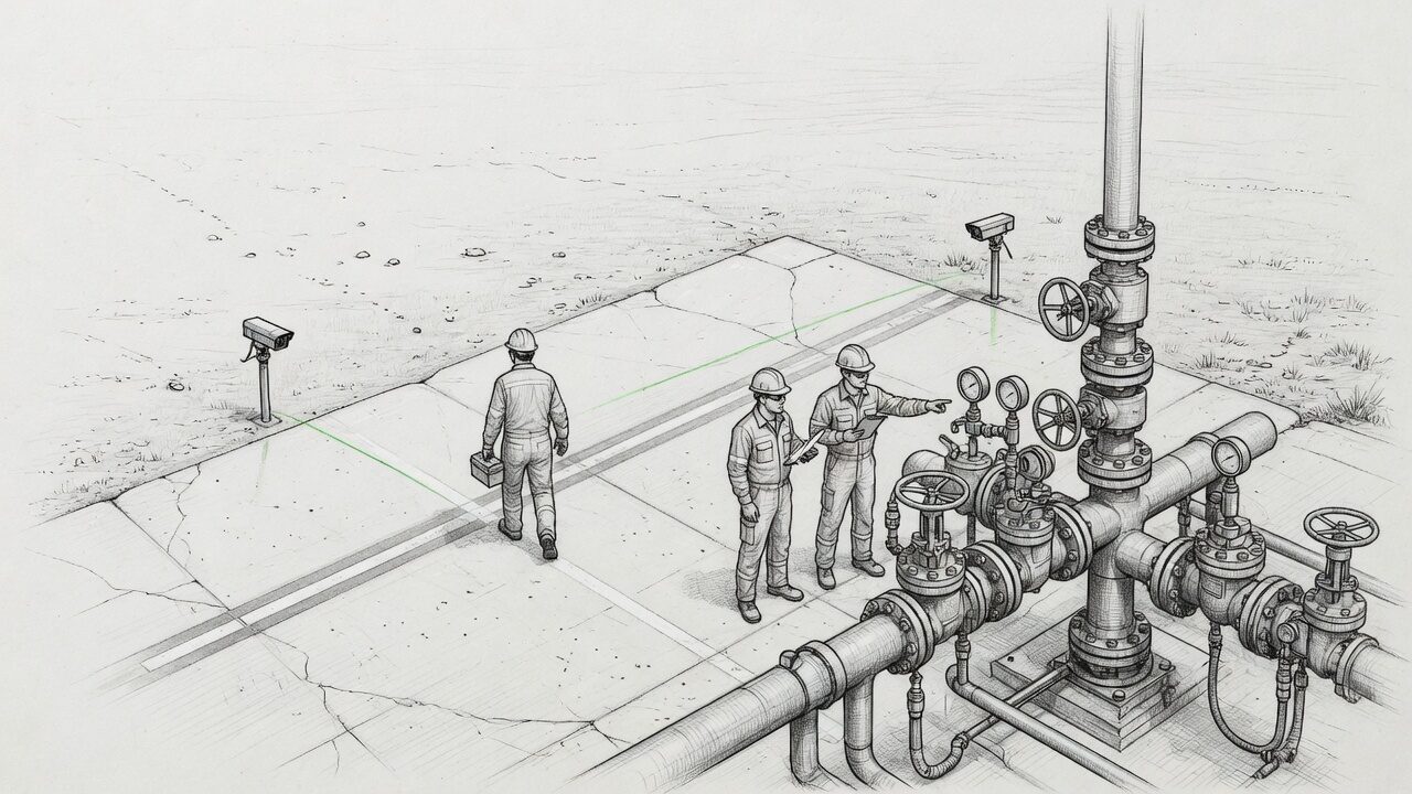 Pen-and-ink pressure test scene connecting a live pressure reading, camera evidence, a worker's position, and an operator check.