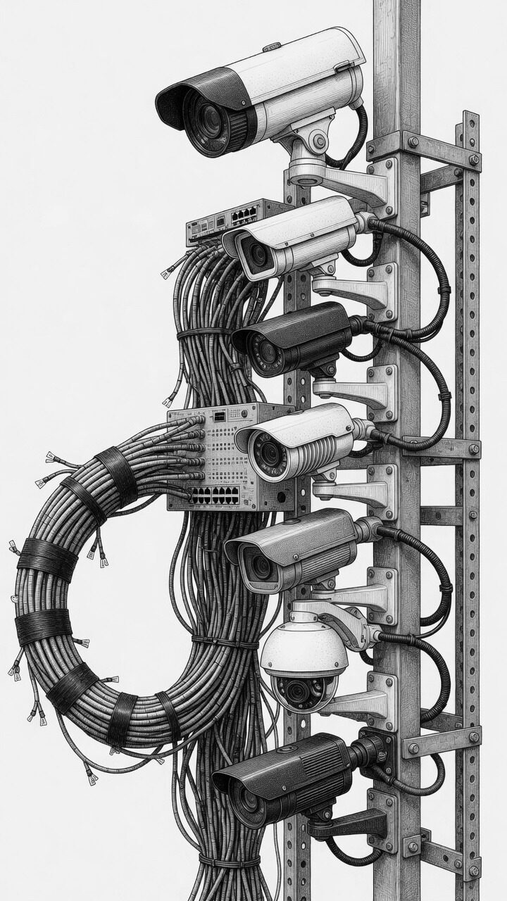 A bank of industrial cameras on a mast, wired into a network switch and a bundled data trunk.