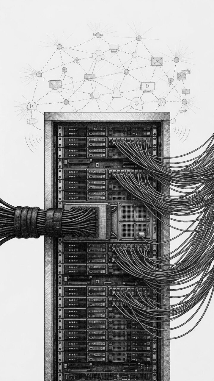 An on-premises GPU server rack running realtime video analysis and world-understanding models, with a lattice of connected nodes above it.