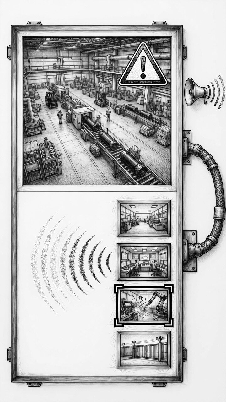 The ooda compositor: one camera view brought forward with a warning marker and a loudspeaker, above a column of thumbnails with one being switched in.