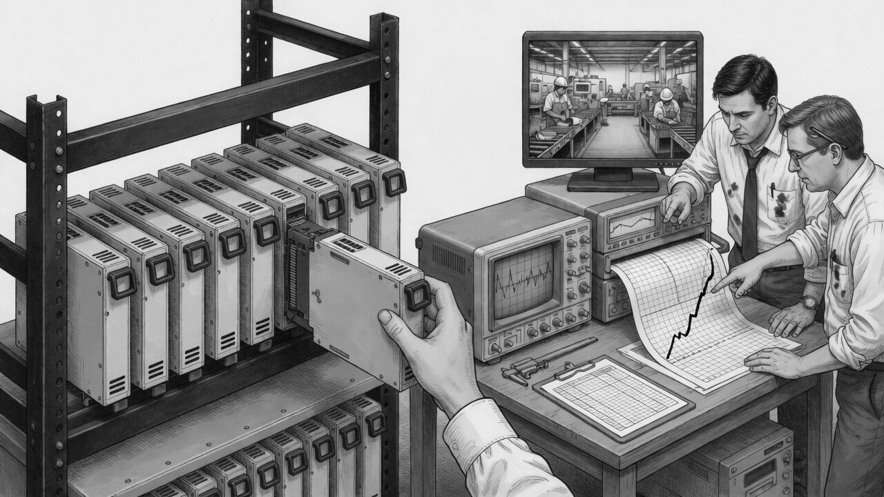 Engineering bench sketch: a rack of slide-in modules with one being slotted into place, an oscilloscope and a chart recorder drawing a rising trace, a monitor that shows a plant floor, and two engineers leaning over the chart together.