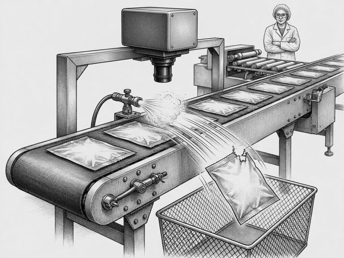 Packaging line sketch: a small camera on a gantry looks straight down at a belt full of identical pouches, and a burst of air from a nozzle shoves one pouch with a small tear off the belt into a wire reject bin while a line worker looks on.
