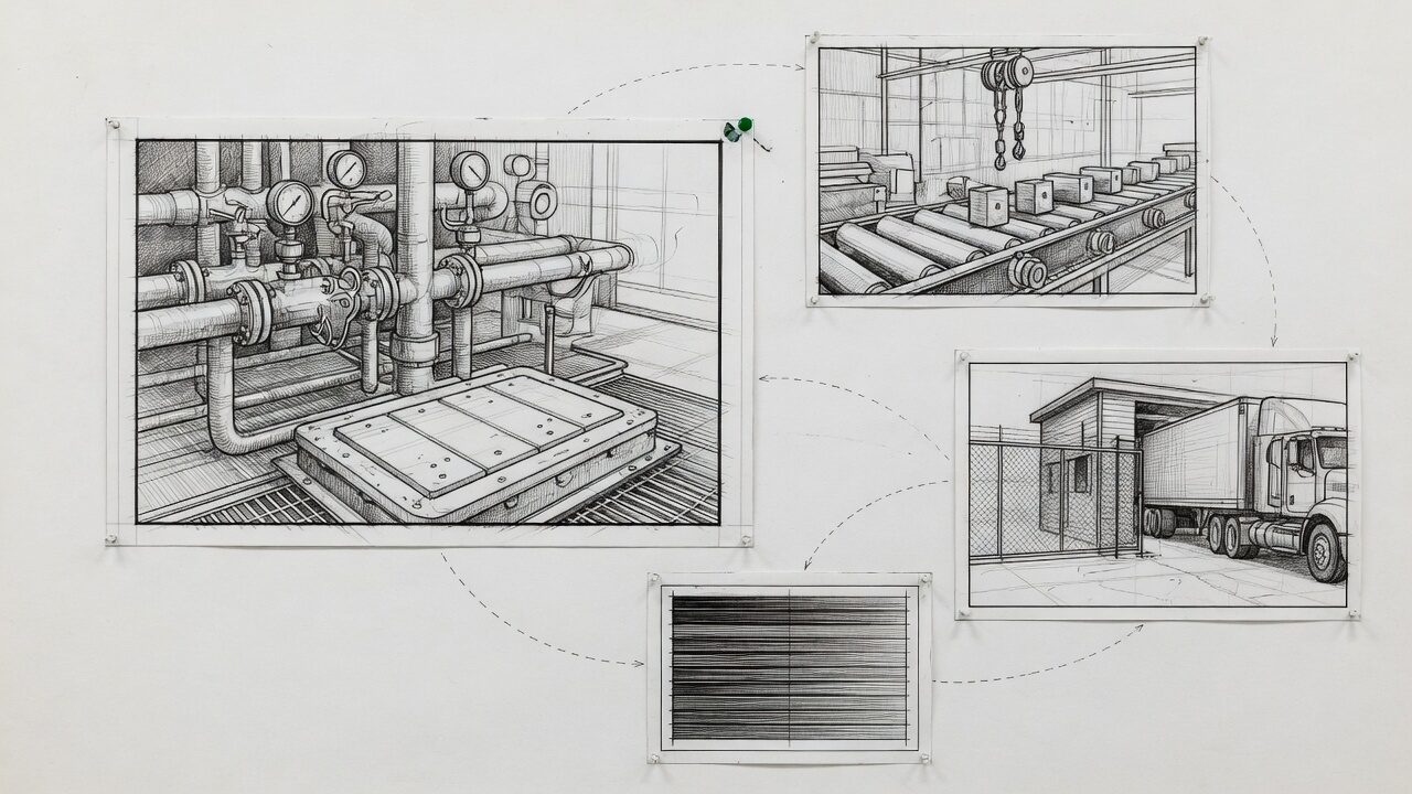 Activity-weighted composition with one industrial video view enlarged above several quiet views.