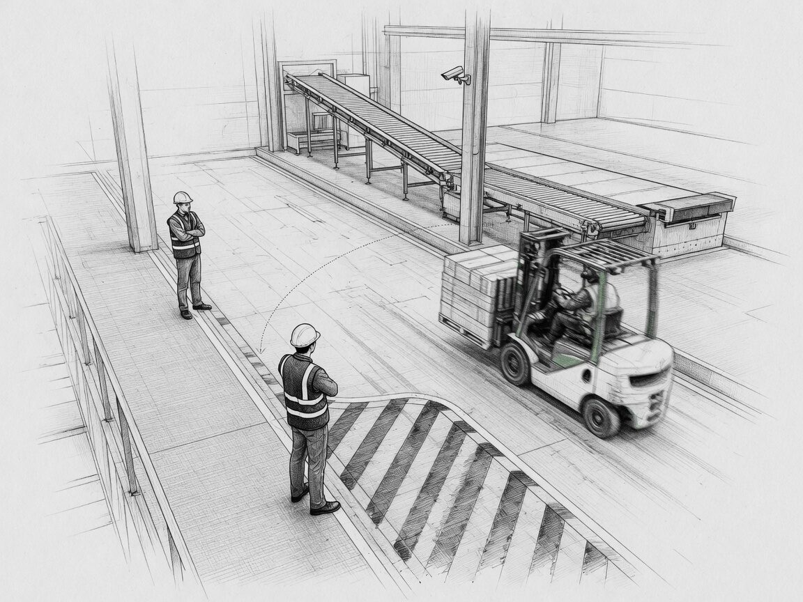 Loading area sketch showing equipment motion, a vehicle path, and separated pedestrian work zones.