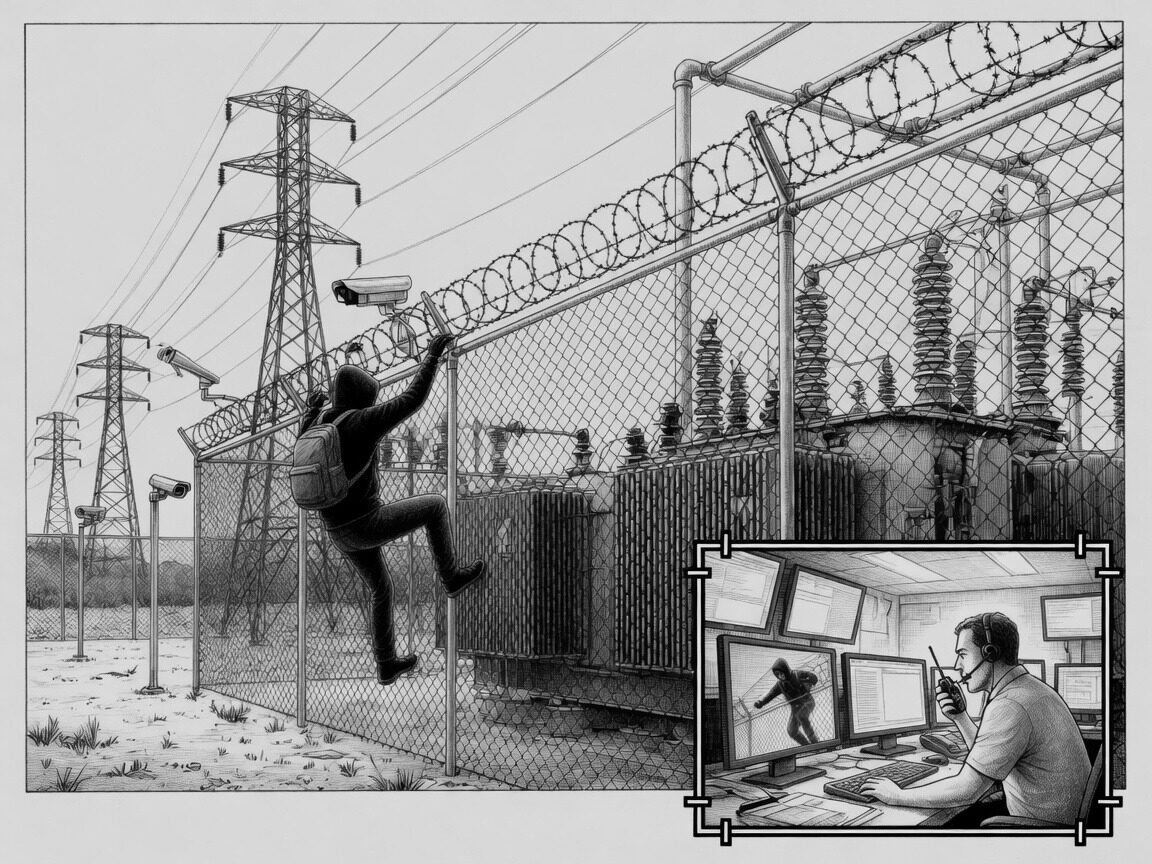 Electrical substation sketch at dusk: a hooded intruder outside the barbed-wire perimeter fence, one foot on the ground and one hand and leg up on the mesh, starting to climb in, transformers and insulator stacks inside the yard, transmission towers running in from the distance, fence-line cameras, and an inset remote operations center where an operator watches the climb on a monitor and speaks into a radio.